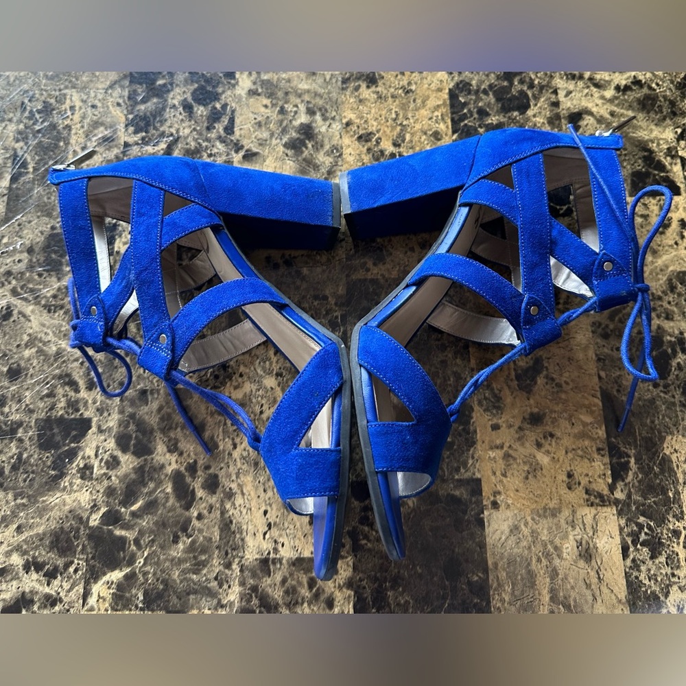 CIRCUS BY SAM EDELMAN EMILIA BLOCK HEEL ZIP/LACE UP BLUE FAUX SUEDE SANDALS (9)